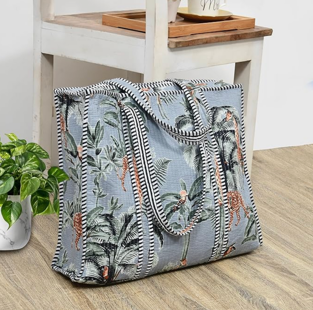 Quilted Cotton Tote Bag (Grey Floral)