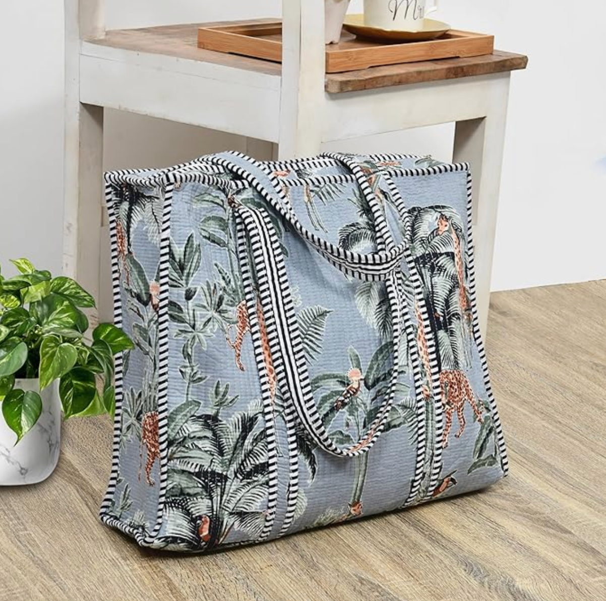 Quilted Cotton Tote Bag (Grey Floral)