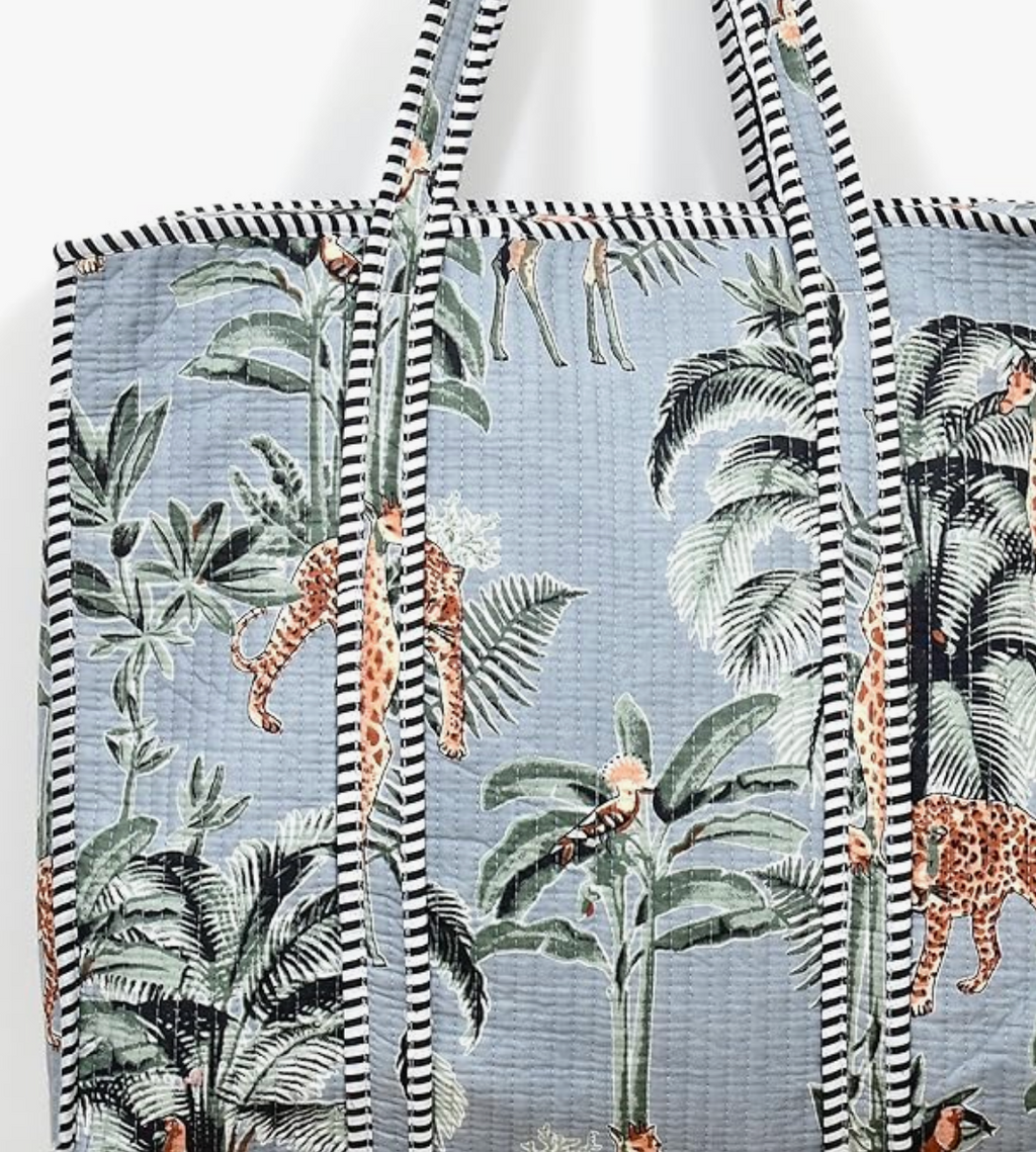 Quilted Cotton Tote Bag (Grey Floral)