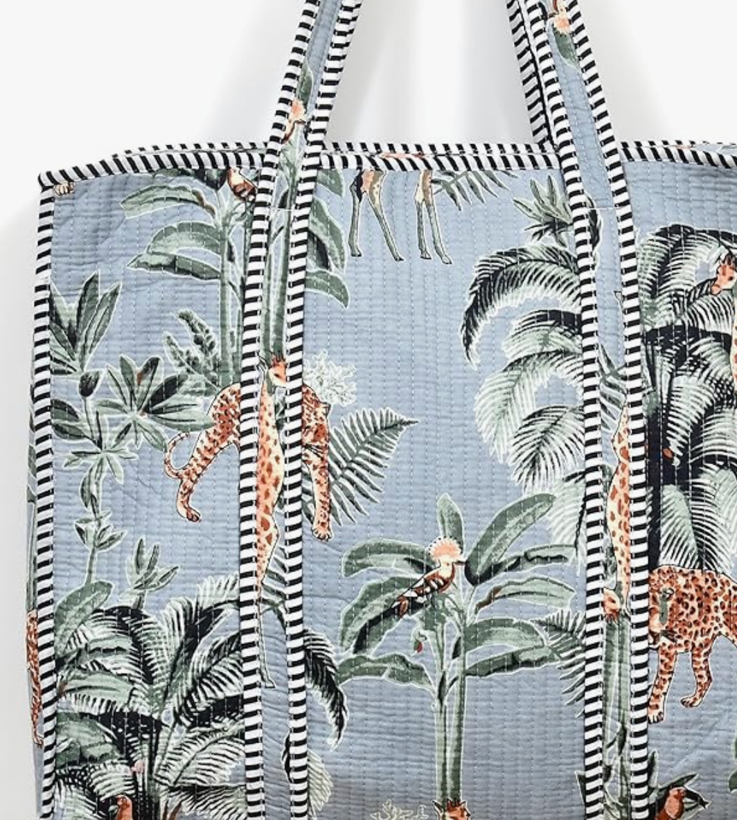 Quilted Cotton Tote Bag (Grey Floral)