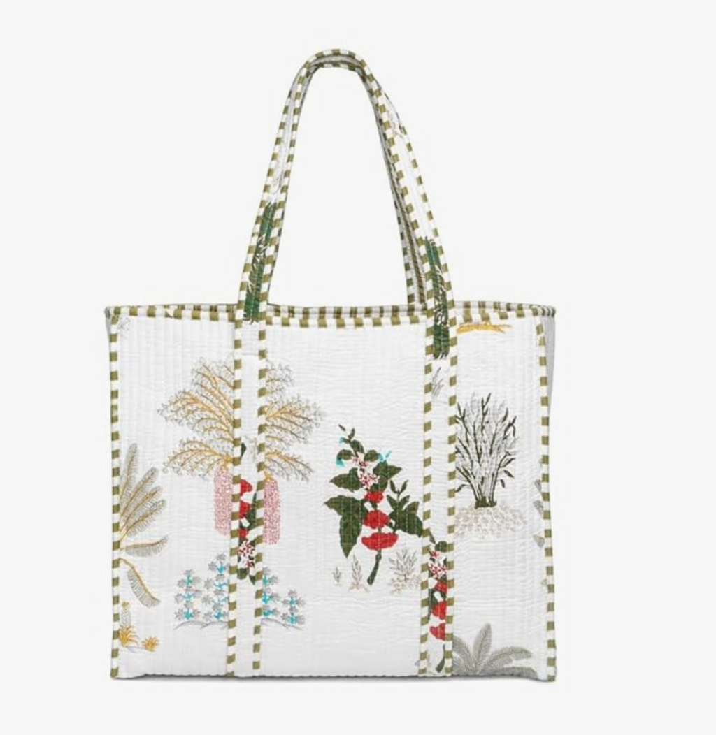 Quilted Cotton Tote Bag (White Floral)