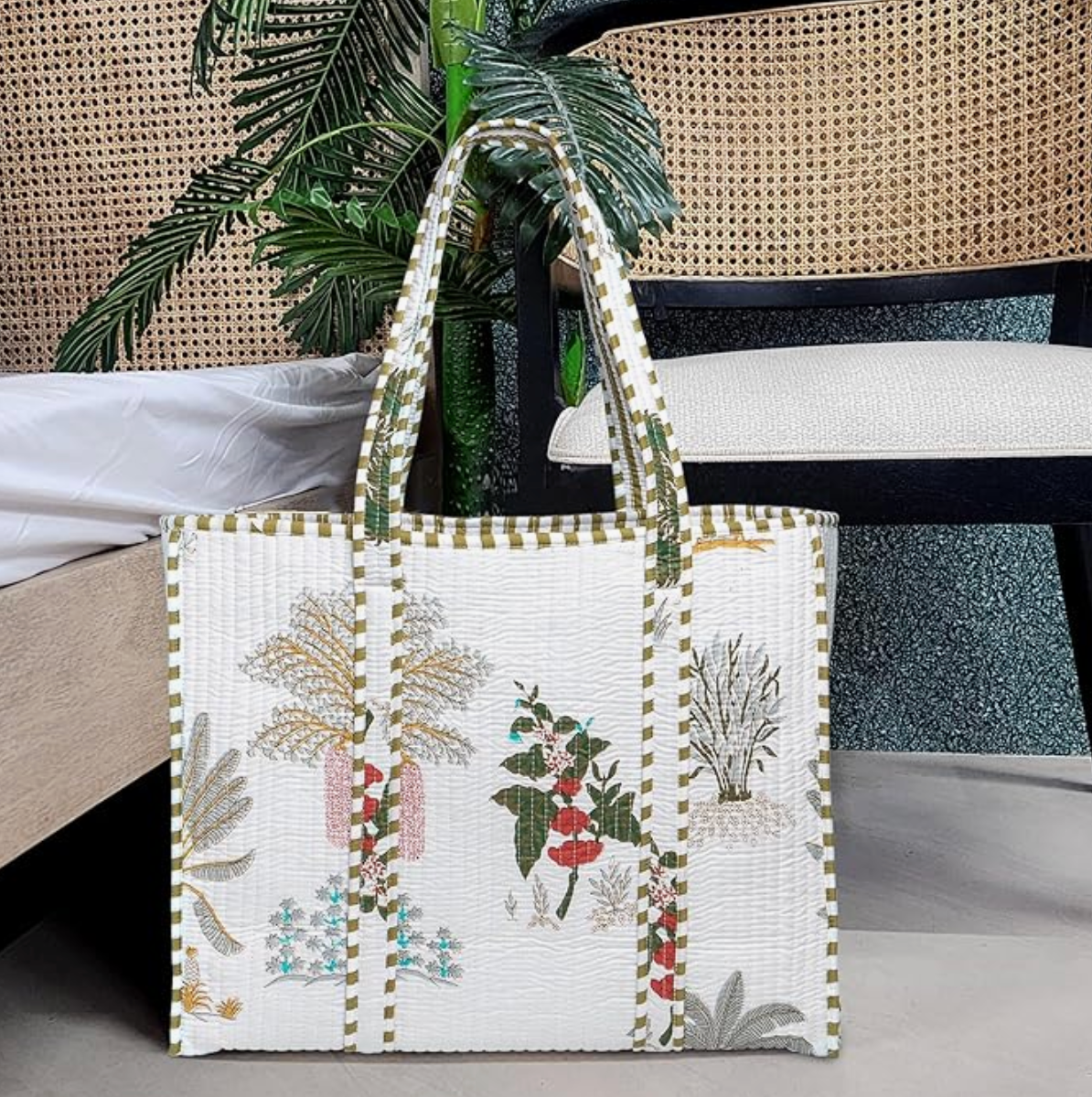 Quilted Cotton Tote Bag (White Floral)