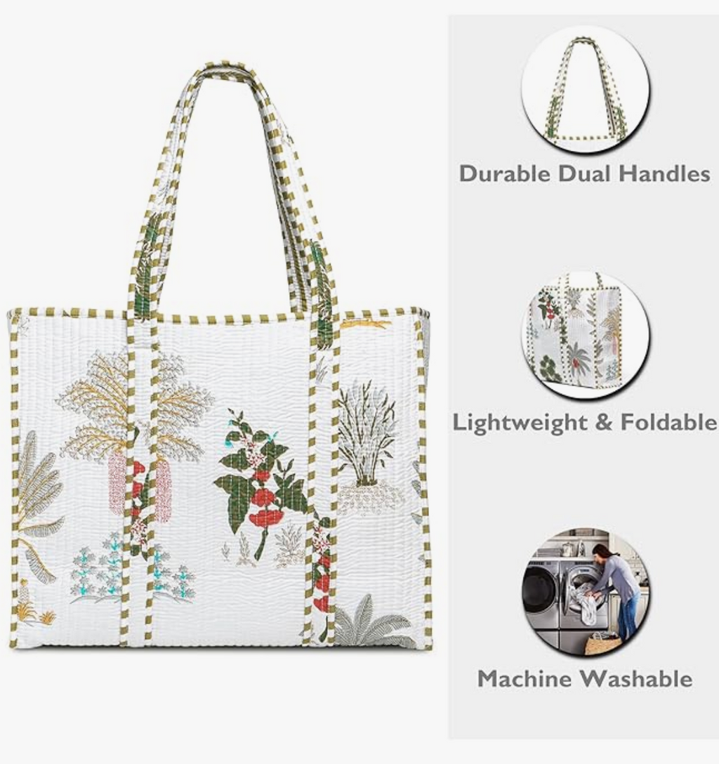 Quilted Cotton Tote Bag (White Floral)