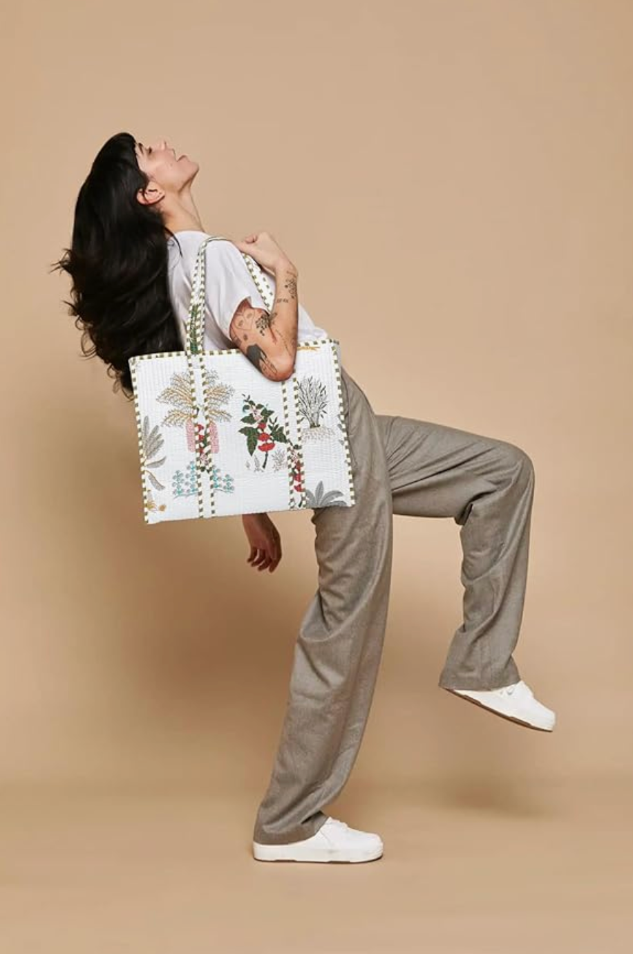 Quilted Cotton Tote Bag (White Floral)