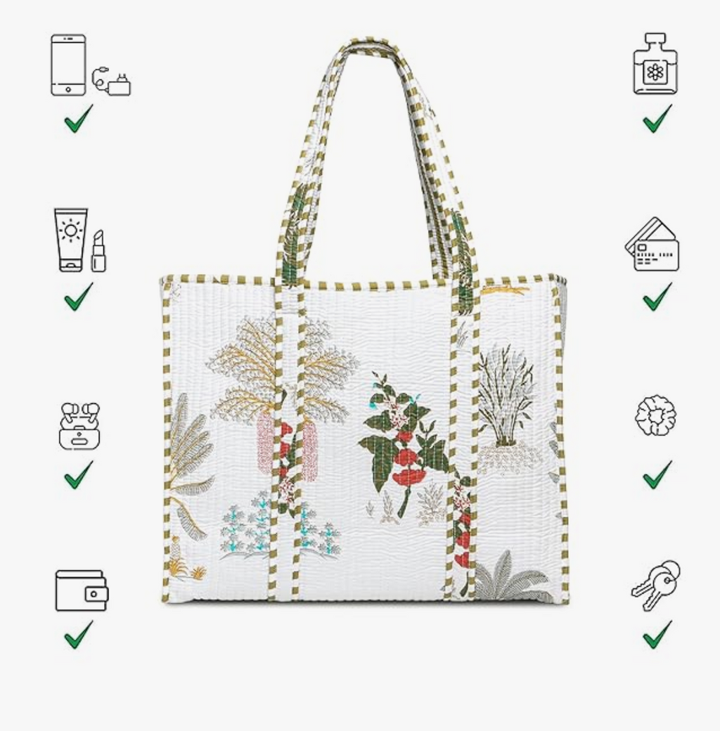 Quilted Cotton Tote Bag (White Floral)