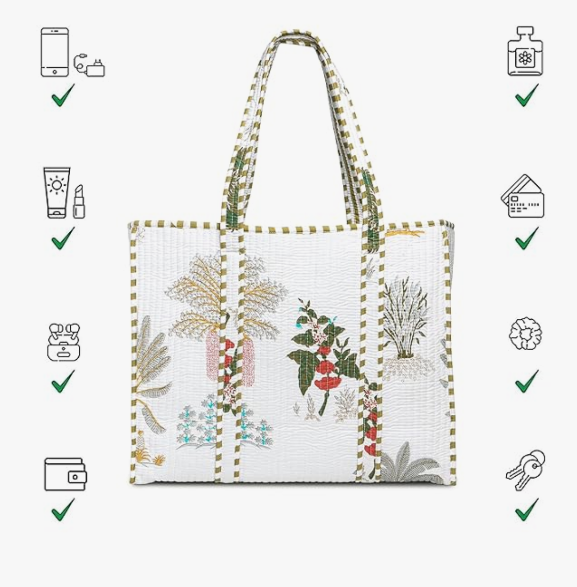 Quilted Cotton Tote Bag (White Floral)