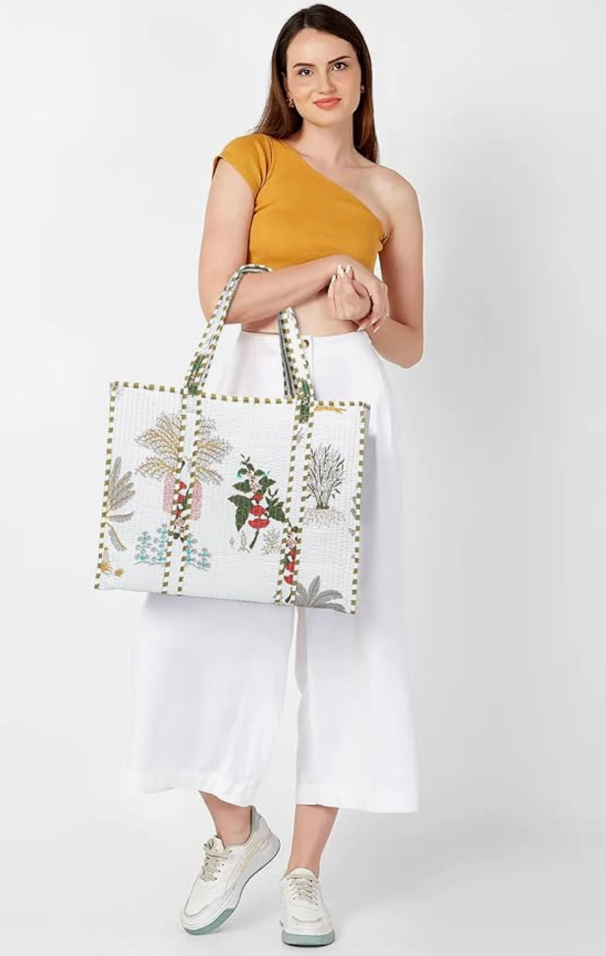 Quilted Cotton Tote Bag (White Floral)