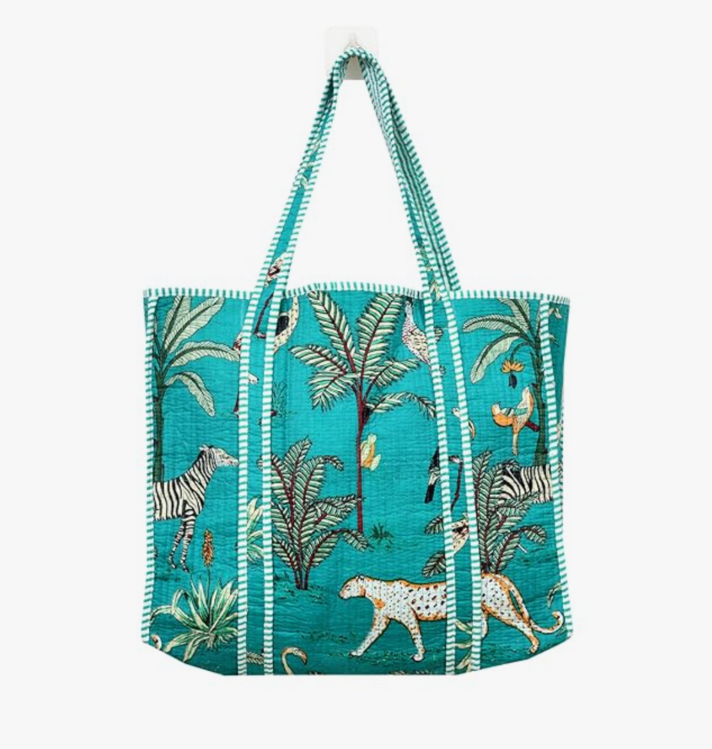 Quilted Cotton Tote Bag (Turquoise Jungle)