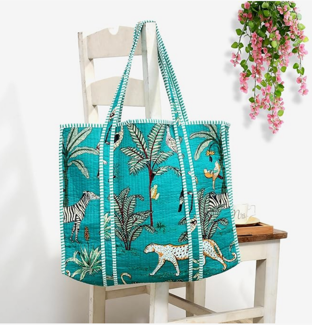 Quilted Cotton Tote Bag (Turquoise Jungle)