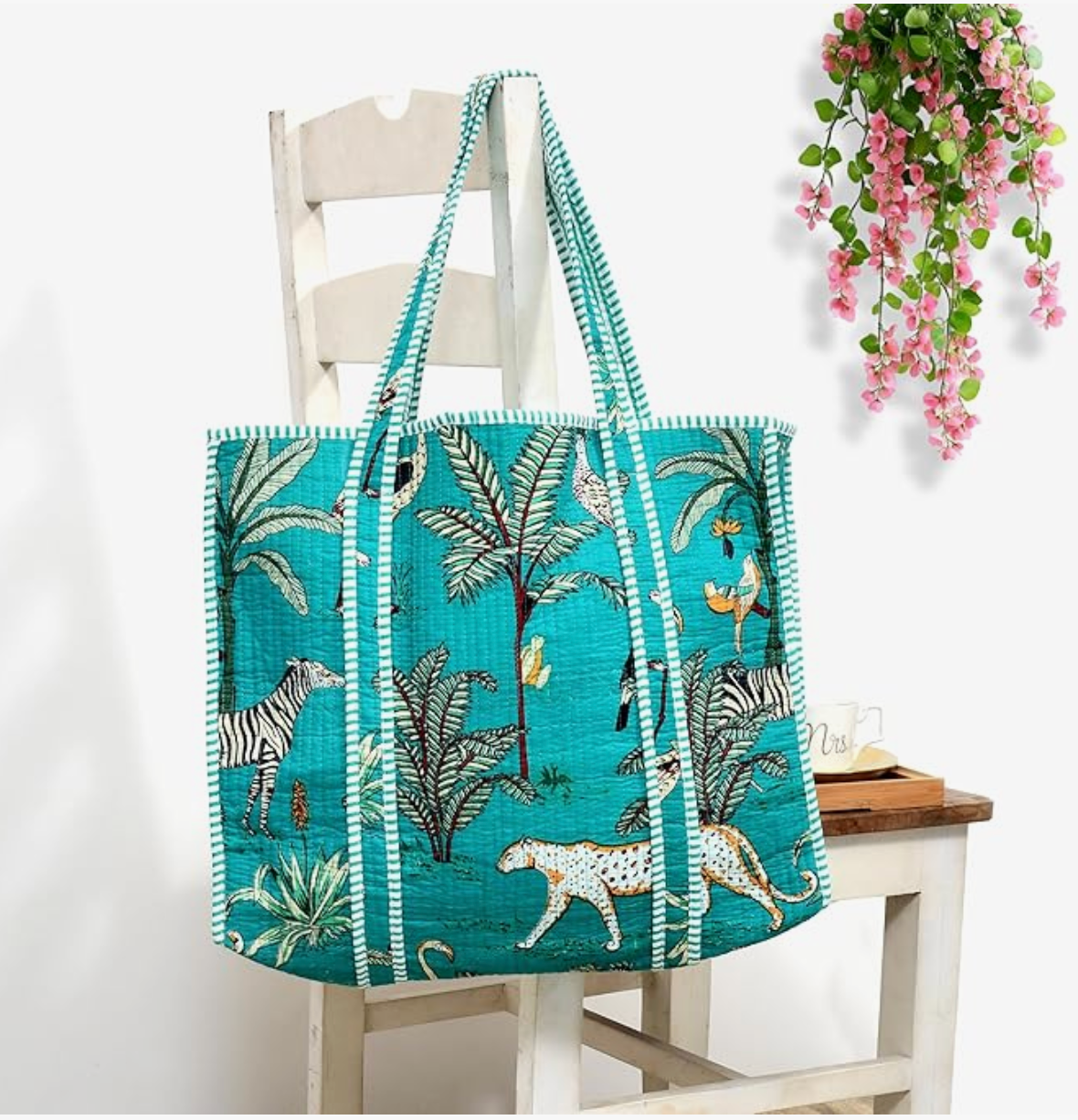 Quilted Cotton Tote Bag (Turquoise Jungle)