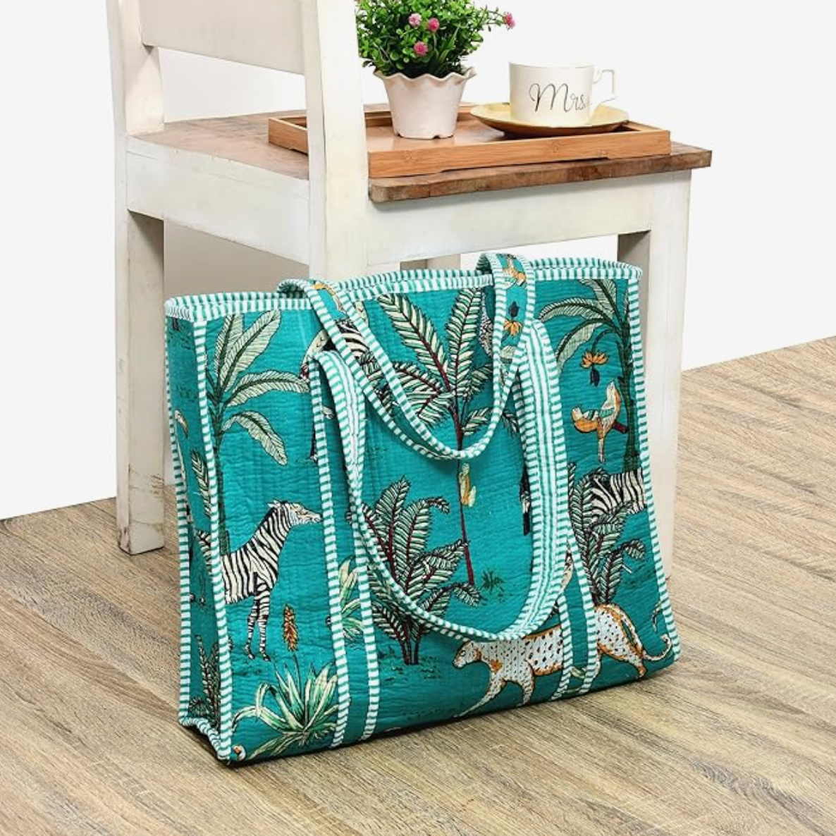 Quilted Cotton Tote Bag (Turquoise Jungle)