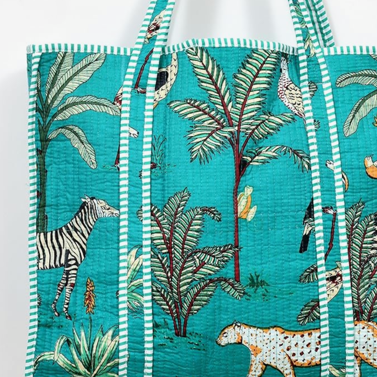 Quilted Cotton Tote Bag (Turquoise Jungle)