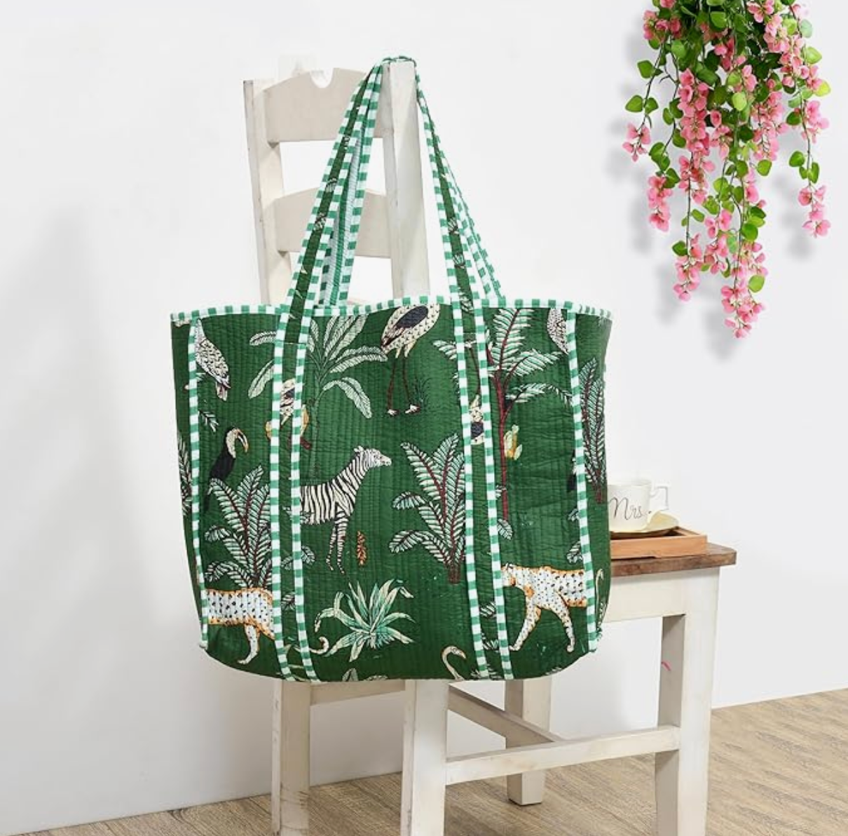 Quilted Cotton Tote Bag (Green Jungle)