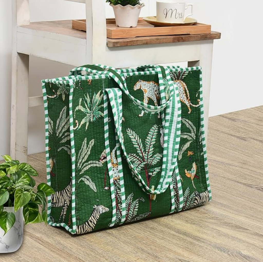 Quilted Cotton Tote Bag (Green Jungle)