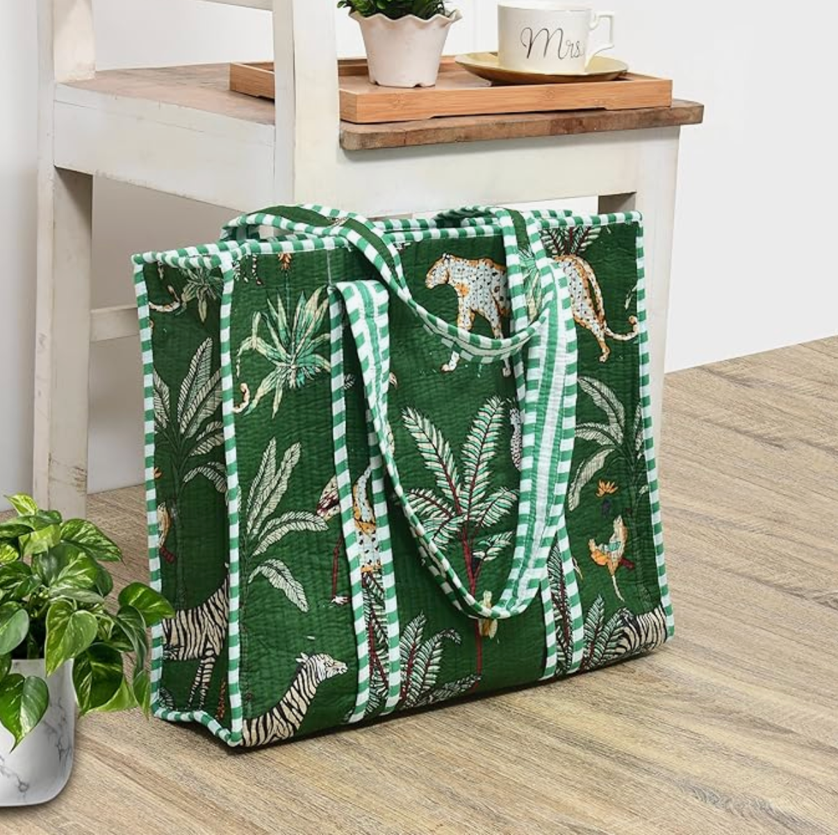 Quilted Cotton Tote Bag (Green Jungle)