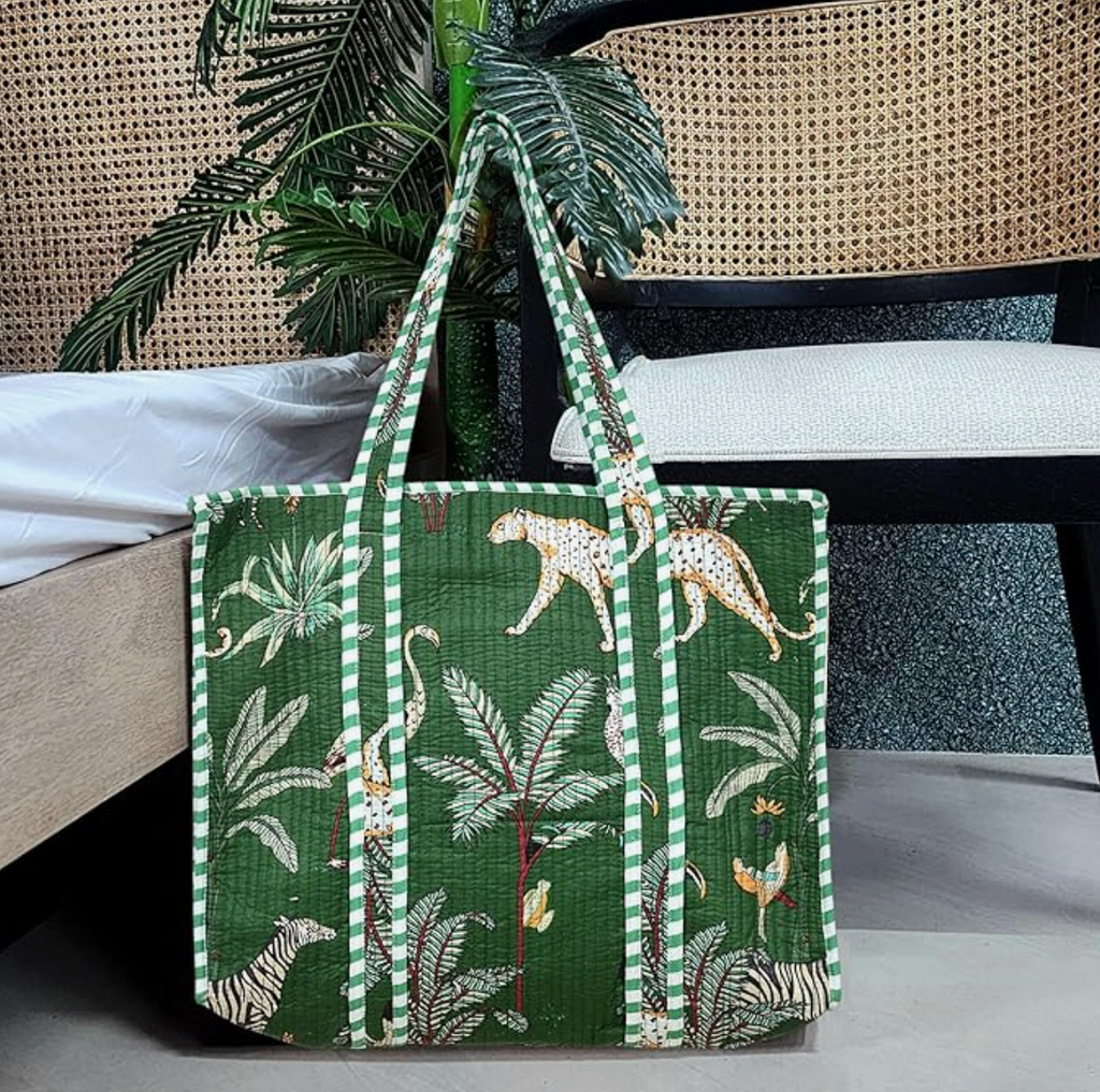 Quilted Cotton Tote Bag (Green Jungle)